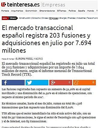 El mercado transaccional espaol registra 203 fusiones y adquisiciones en julio por 7.694 millones